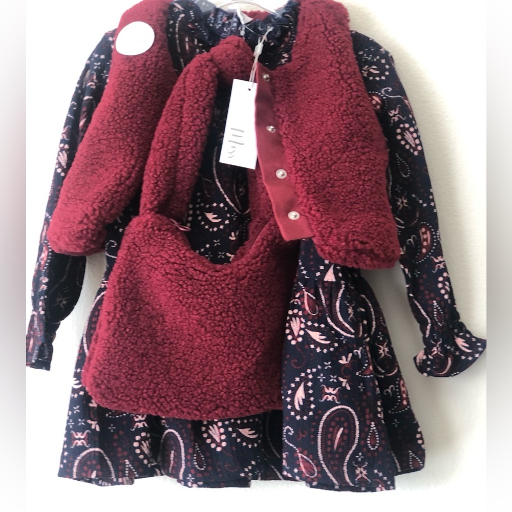 Red Sherpa Vest with Paisley Dress and Bag Set 3pc set